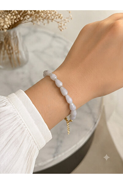 Leyandoğaltaş Natural Blue Chalcedony Stone Bracelet |   Gold Detailed Stainl...