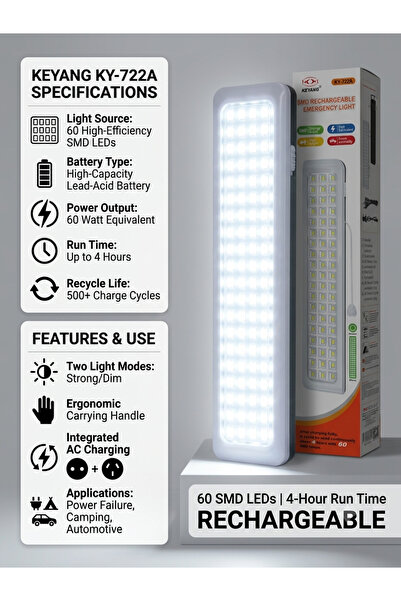 KEYANG KY-722A 60 SMD LED'li Şarjlı Acil Durum Işıldağı / Portatif Aydınlatma