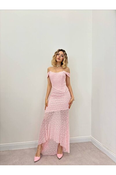 Moda Days Women's Pink Lace Detailed Off-The-Shoulder Asymmetrical Cut Long E...