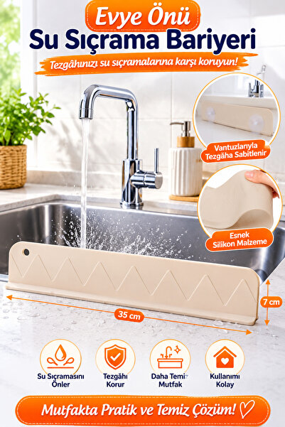 Evye Önü Su Sıçrama Bariyeri Vantuzlu Silikon Tezgah Koruyucu Lavabo Su Sıçrama Önleyici 35 cm