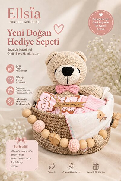 ellsia Yeni Doğan Hediye Sepeti - 30 cm Amigurumi Ayı, 90*90 Müslin Örtü, Ask...