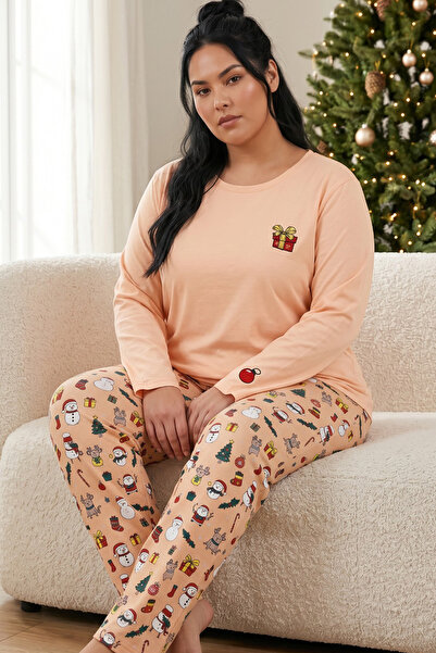 Siyah İnci Patterned New Year's Themed Cotton Lycra Large Size Oversized Knit...