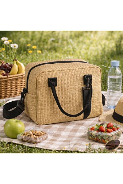 OEM Geantă frigorifică de picnic din paie, bej, termică, 21x14x20cm (7L)