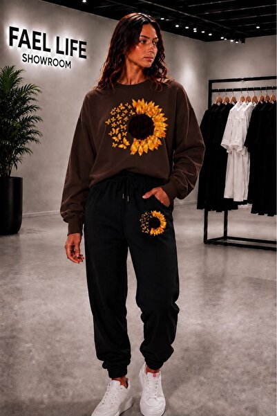 FAEL LİFE Unisex Wide Cut Zero Neckline and Sweatpants Moonflower Printed Set