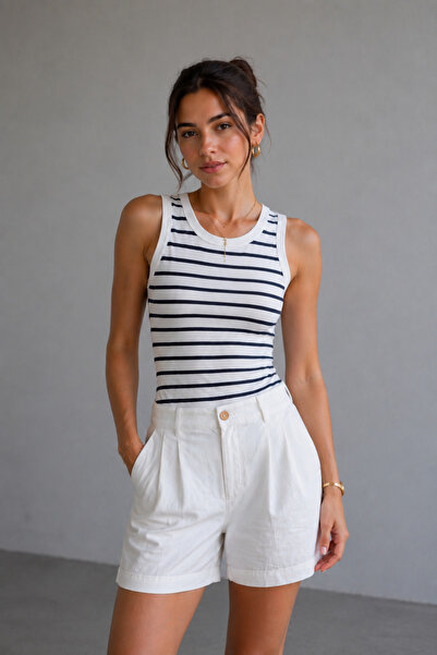 WILD BEE Women's Navy Blue Striped Camisole Zero Sleeve Crew Neck Undershirt