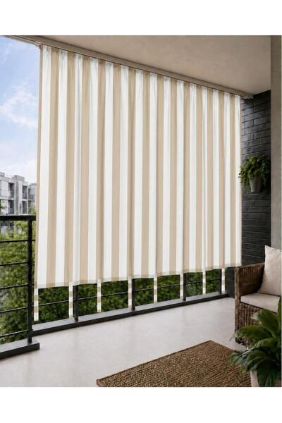 DEVRİM OLİVYA TEKSTİL Bej Krem Kornişli Balkon Perdesi Bağcıklı, Rüzgara ve G...