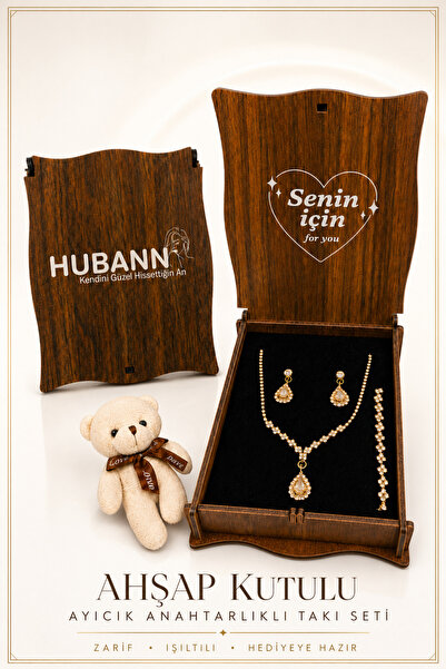 HUBANN Gold Kristal Damla Taşlı 3'lü Takı Seti │Kolye Küpe Bileklik │Ahşap Ku...