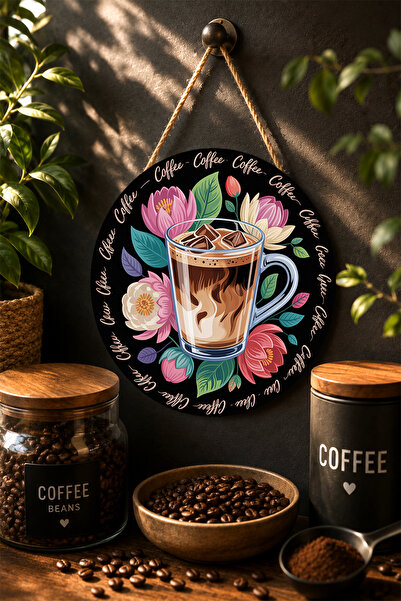 Mayeka Viața începe după cafea - Panou de perete rotund din MDF cu flori, maro