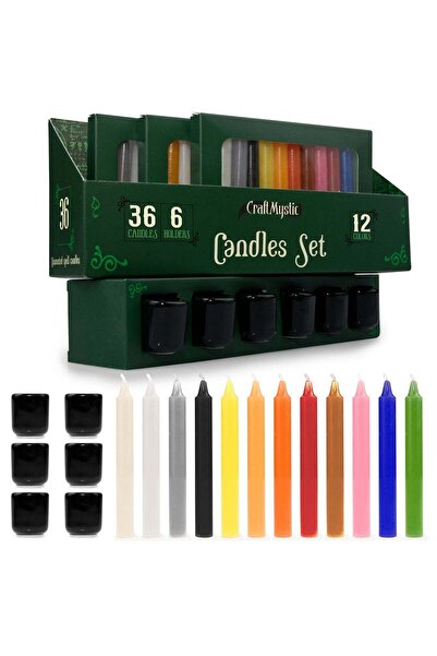 craftmystic Set 36 lumanari pentru ritualuri si 6 suporturi negre din ceramica