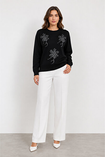 bihan store Women's Long Sleeve Floral Patterned Knitwear Sweater 2765 - Black