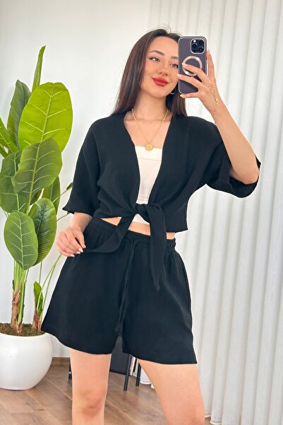 Clothes Fast Women's Black Muslin Front-Tie Crop Kimono with Half Sleeves and...