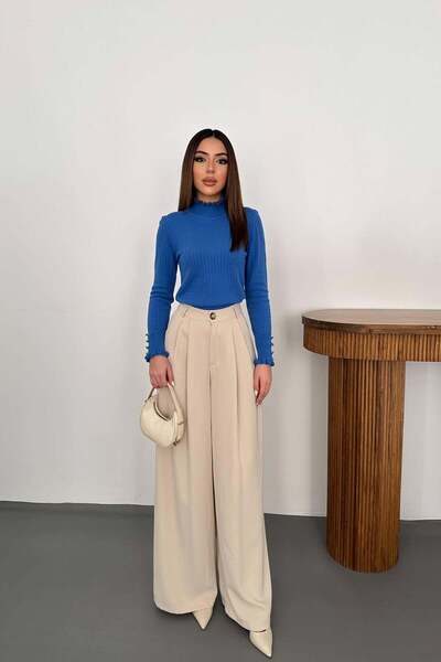 Clothes Fast Women's Blue High-Necked Hair Knit Patterned Ruffle Cuff Long Sl...