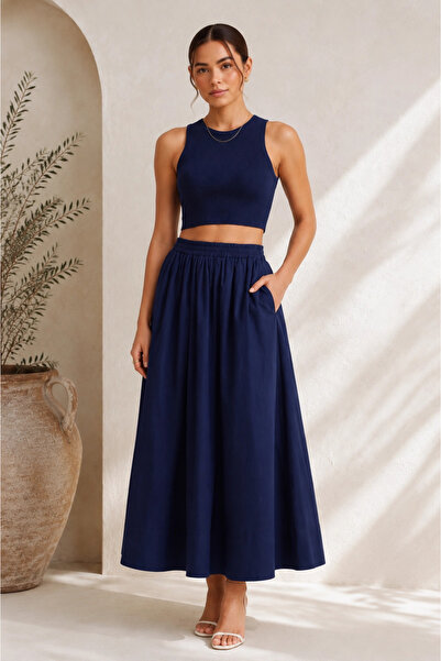 MetuCA Women's Navy Blue Cotton Poplin Lined Pinterest Maxi Long Skirt with P...