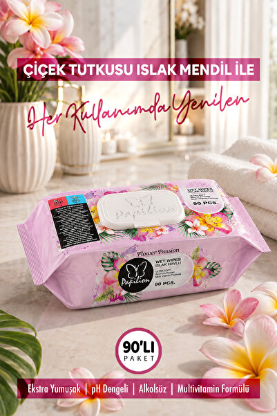 Papilion 90 Yaprak Çiçek Tutkusu Kokulu Islak Mendil 90'lı Paket Ekstra Yumuş...