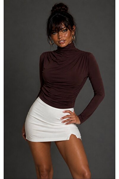 Be Best Women's Brown Turtleneck Gathered Blouse Be490