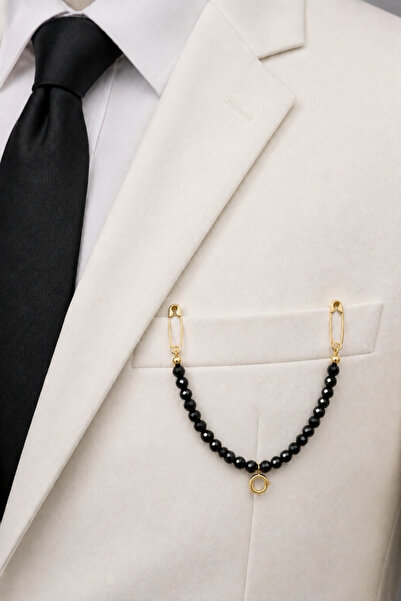QELA COLLECTION 1 Çeyreklik Kilitli Damat Yaka İğnesi 6 mm Kristal Boncuklu B...