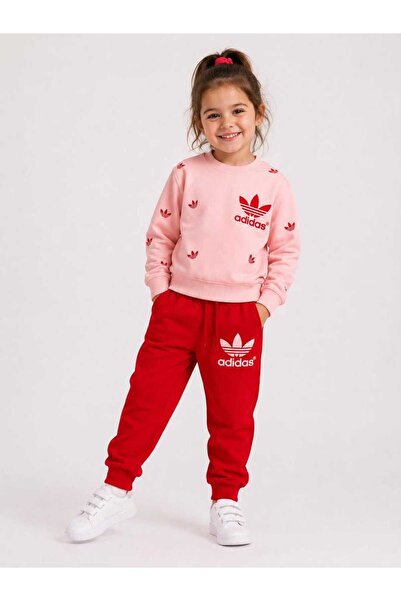 Kız Çocuk Baskılı Sweatshirt ve Eşofman altı 2li takım pembe/kırmızı