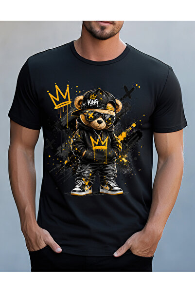 TİMİSİVA Hip Hop Teddy Bear Printed Men's Oversize T-Shirt Black Cotton Dtf P...