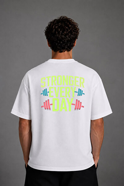 VSRN Tricou supradimensionat alb cu imprimeu pe spate Stronger Every Tasarım