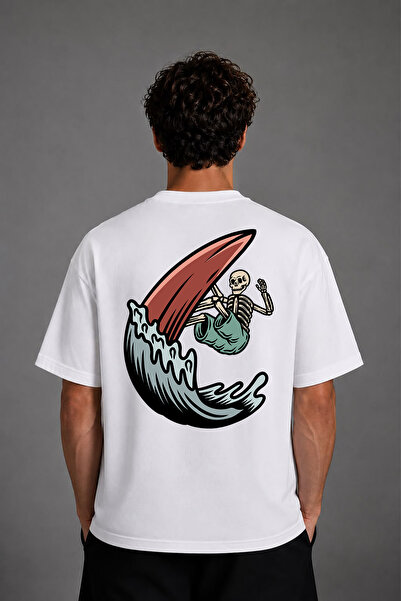 VSRN Μπλουζάκι με σχέδιο Skeleton Surf, με στάμπα στην πλάτη, λευκό, oversized
