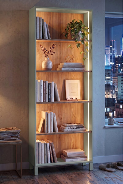 Yurudesign Yoda 5 Raflı Neon Led Işıklı Kitaplık Ahşap Ayaklı Sepet-Ihlamur Y...