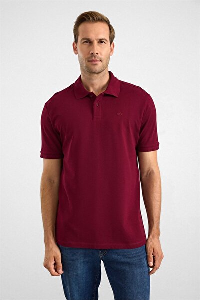 SÜVARİ Tricou cu guler polo, cu nasturi, din piqué brodat, de culoare burgund...