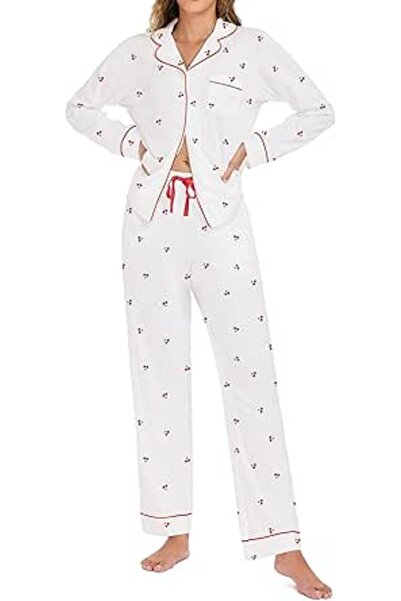 LUBOT 100% Cotton Pajamas for Women PJ Set Button-Down Knitted Soft Long Shor...
