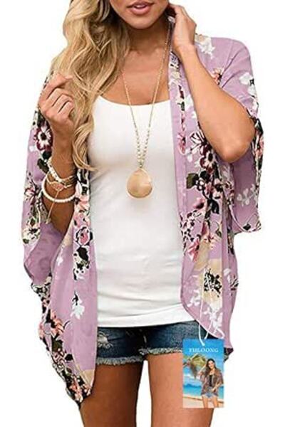 GENERAL Womens Cover Ups Chiffon Floral Print Kimono Loose Shawl Cardigan Boh...