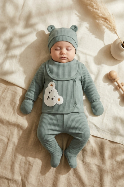 Babydonat Sage Green Teddy Bear Embroidered Baby Boy Ribbed Cotton 5-Piece Ne...