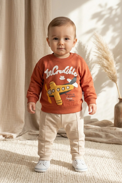 Babydonat Sky Explorer 100% Cotton Baby Boy Set - Tile Plane Embroidered Swea...