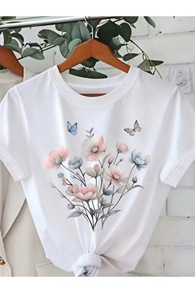 23ERVA Floral Print, Women's Butterfly Flowers Design, Pure Cotton T-Shirt, S...