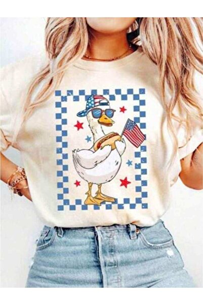 23ERVA Cute Patriotic Duck Graphic Tee For Women Retro American Flag Hot Dog ...