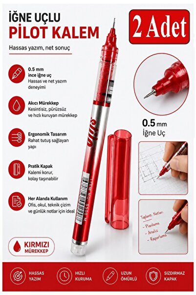 Artlantis Kırmızı Pilot Kalem İğne Uçlu 2 Adet Stilo Pilot Kalem 0.5mm İnce U...