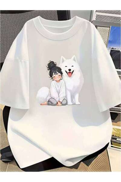 23ERVA Cute Girl And Dog, Women's Anime Print, Pure Cotton T-Shirt, Summer We...
