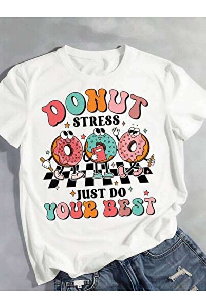 23ERVA Stress, Women's Donut Characters With Motivational Text, Pure Cotton T...