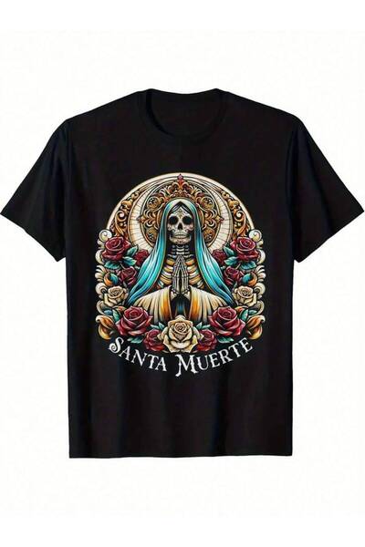 25W 1pc, 100%, Graphic Letter Print T-Shirt With A Holy Death Pattern, Season...