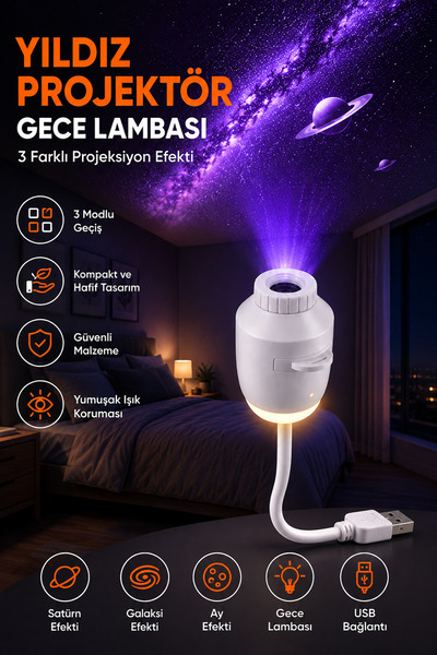 Ayers USB Yıldız Projektör Gece Lambası 3 Efektli Satürn Galaksi Ay Projeksiyon