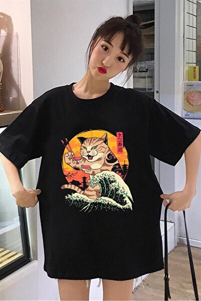 DEEFWEAR Mi̇ngalondon Artist Cat Printed Black Unisex Oversize T-Shirt