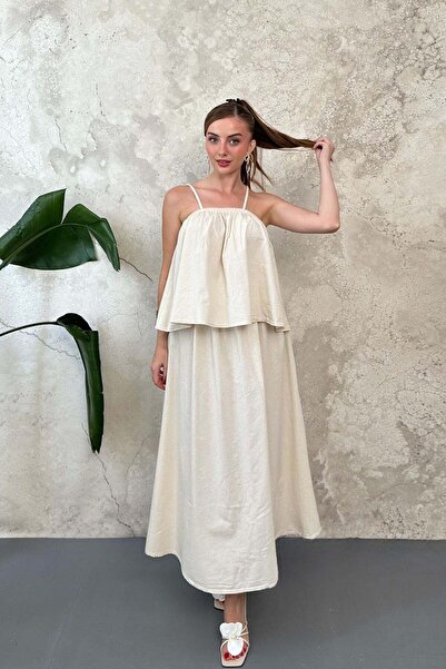 Elbee Fashion Woman Beige Flounce Blouse and Skirt Set