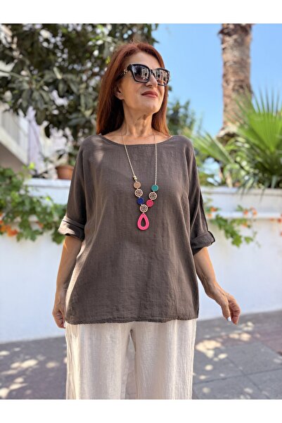 DenizEge Italian Cotton - Linen Textured Blouse with Pendant Brown