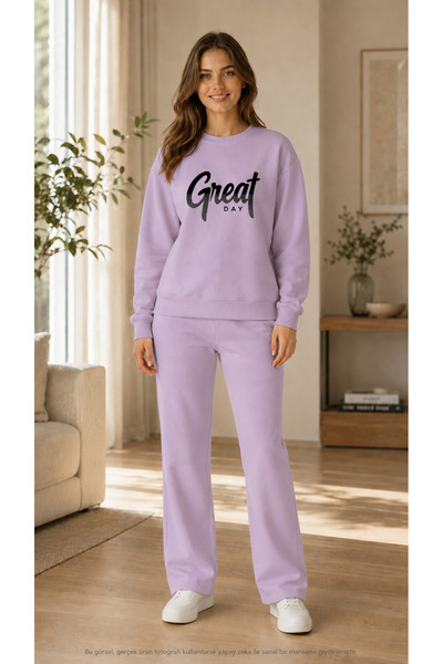 TREND EMMODA Women's Great Day Written Sweatpants Set/Round Neck Sweatshirt a...