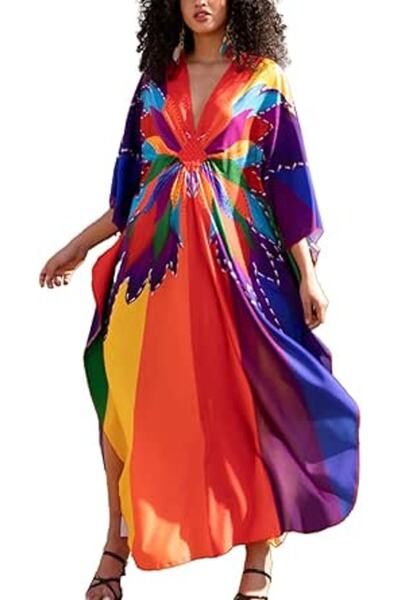 YouKD Women's Pirnt Floral Long Kaftan Maxi Dress Pluse Size Bikini Beach Cov...