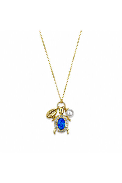 Siminkari Opal Taşlı Kablumbağa Deniz Kabuğu ve İnci Charmlı Gold Kolye 925 A...