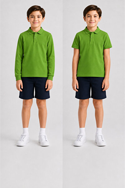 ROZELT 100% Cotton Green Long Sleeve & Short Sleeve 2-Piece Polo Collar T-Shirt