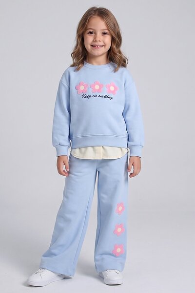 Dmb Girl's Floral Embroidered Shirt, Skirt, Detailed Sweatshirt and Trousers Set