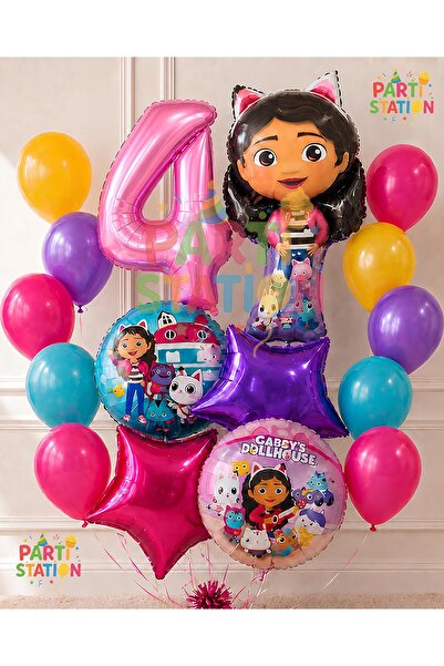 Parti Station Gabby Dollhouse Balloon Set 4 Years Old 14 Piece Birthday Ballo...