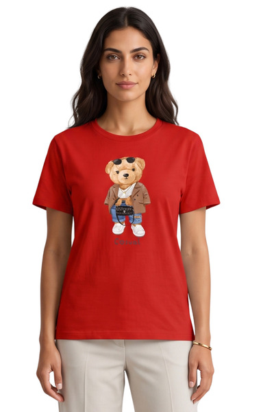 DK DAKSEL Women's Red Jacket Teddy Bear Printed 100% Cotton Comfortable Fit T...