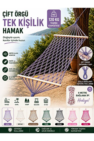 ASG ÇİFT ÖRGÜ RENKLİ İPTEN EL ÖRGÜSÜ TEK KİŞİLİK ŞIK HAMAK 120 KG TAŞIMA KAPA...
