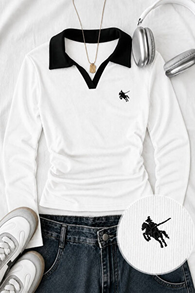 1blood Olos Polo Collar Embroidered Gathered Long Sleeve Blouse