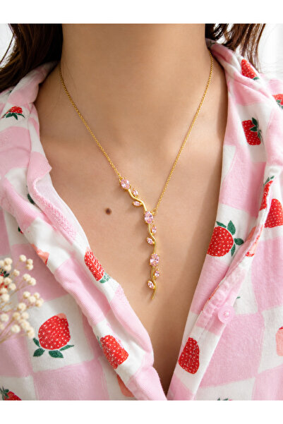Lilith Takı Pink Stone Y Necklace for Women, Gold Color, Elegant Twig Leaf De...